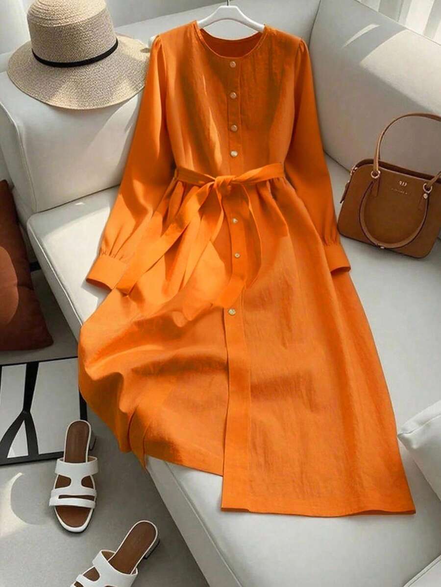 GlowEve Đầm dài vừa phải cài nút phía trước màu trơn thường ngày dành cho nữ - trái cam - Xem 1
