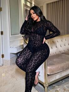 NU&NOW 大码时尚性感豹纹连体裤 - 黑色 - 查看 8