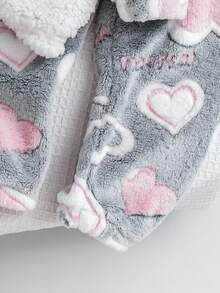 Genkimix Kids 2 件女童可爱心形和卡通猫毛绒保暖裤舒适睡衣套装，秋冬