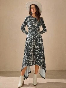 Wildy Women's Dark Green Geometric Print Long Sleeve Maxi Dress,Autumn Boho Asymmetric Hem Bodycon Dress,Casual Fashion Vacation Holiday Street Style - Beige - View 5