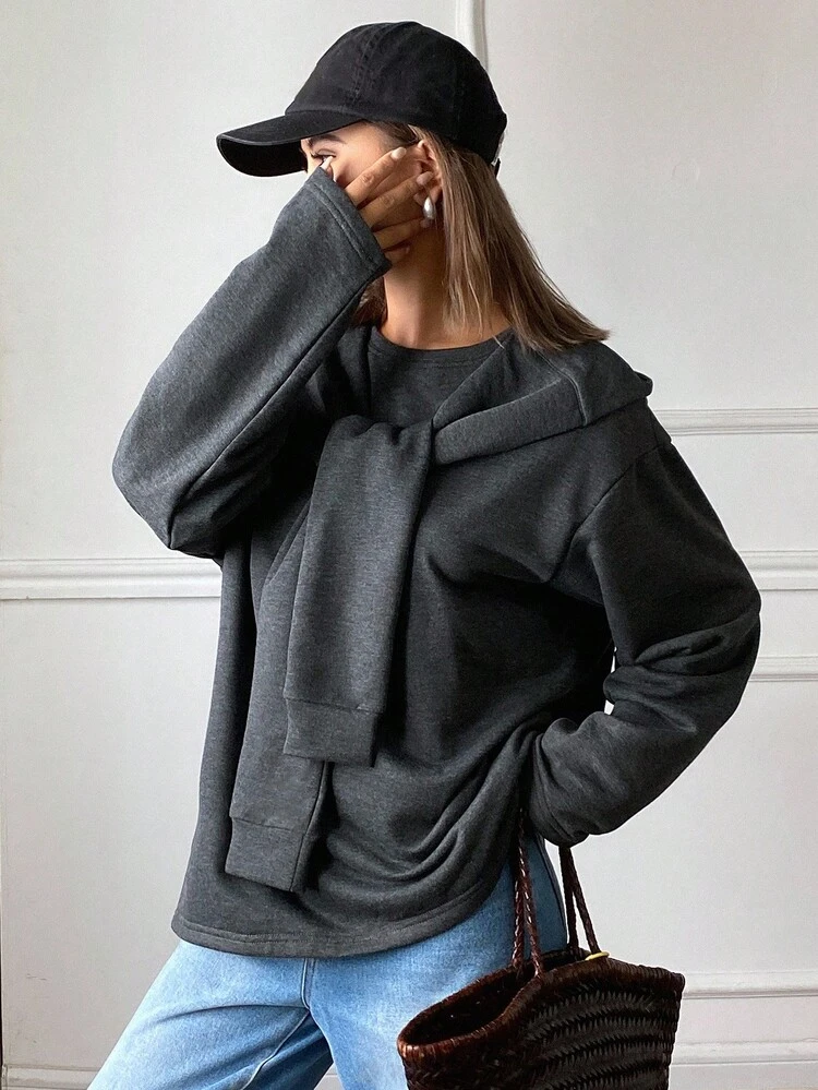 Women's Loose Fit Solid Color Hooded Long Sleeve Pullover Sweatshirt, Casual Street Style, Autumn/Winter Hoodies