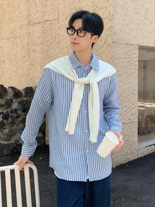 Mirajuku 青少年男孩翻领纽扣长袖条纹口袋衬衫