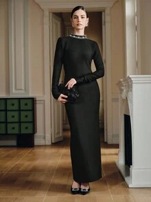 Anewsta Women's Elegant Handmade Rhinestone Chain Backless Dress - Black - View 6