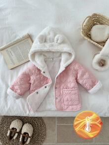 SHEIN Baby Girl Casual Heart Pattern Thick Hooded Long Sleeve Jacket, Pink Rabbit Design, Versatile Winter Padded Coat Fall - Pink - View 3