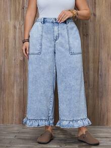 EMERY ROSE Plus Size Denim Vacation Style Frill Trim Wide Leg Pants - Light Wash - View 3