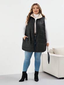 SHEIN CURVE+ Áo khoác cổ cao có túi khóa kéo cỡ lớn dành cho nữ, thích hợp cho mùa đông, mùa thu/mùa thu/mùa đông, áo vest phao - màu đen - Xem 10