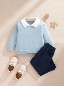 SHEIN Baby Boys Polo Collar Sweater Set, Fashion & Cute, Includes Comfortable & Practical Essentials For Infants, Suitable For Daily, Outdoor, Travel, Daycare, And School Occasions, Spring/Autumn/Winter - Blue - View 1
