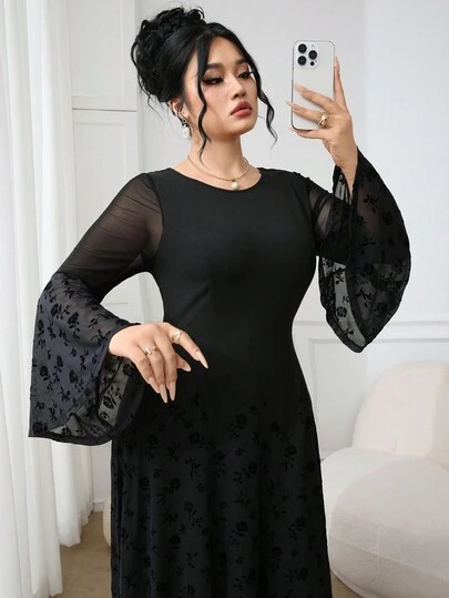 Modelyn Plus Size Elegant Contrast Mesh Waist Flare Sleeve Dress