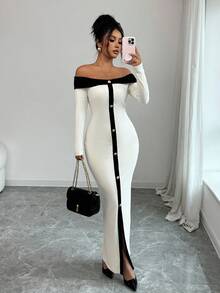 Elenzga Đầm Maxi Maxi Thanh Lịch, Dáng Rộng, Màu Khối, Hở Vai, Dệt Kim Gân, Thời Trang Dự Tiệc Thu/Đông 25-30+ Cho Nữ - Màu be - Xem 1