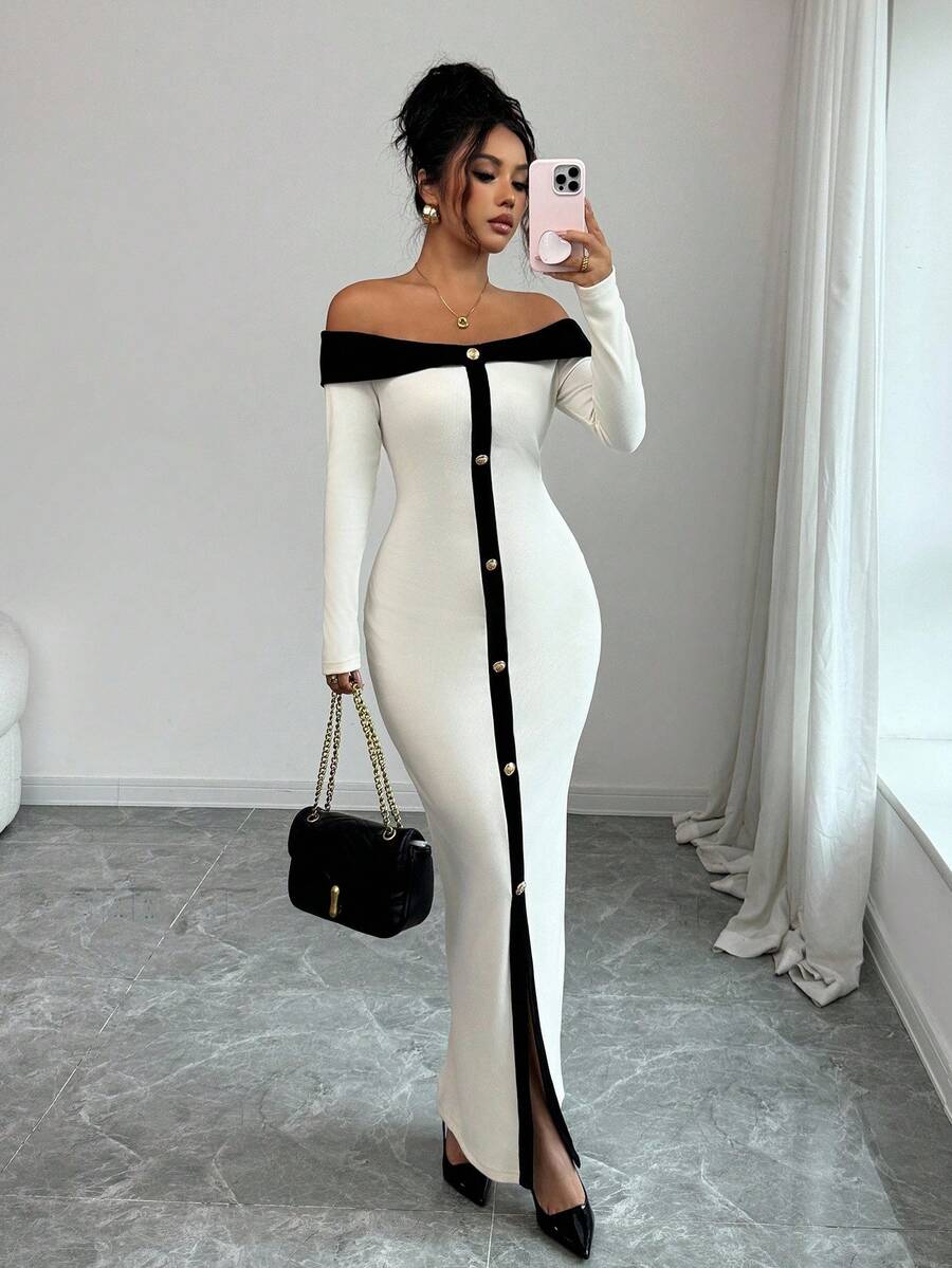 Elenzga Đầm Maxi Maxi Thanh Lịch, Dáng Rộng, Màu Khối, Hở Vai, Dệt Kim Gân, Thời Trang Dự Tiệc Thu/Đông 25-30+ Cho Nữ - Màu be - Xem 1