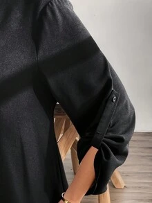 SHEIN Essnce 大码女装春秋季时尚休闲宽松舒适日常百搭修身可调节袖长黑色连衣裙，秋季穿搭，女士黑色连衣裙，女士教堂着装，曲线可爱连衣裙，简约风格 - 黑色 - 查看 6