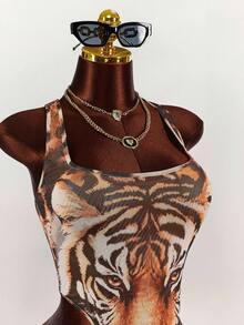 Amplova Body de mujer talla grande con escote pronunciado y estampado de tigre