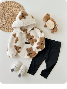 SHEIN 2pcs Baby Girl Cute Cartoon Teddy Bear Fluffy Sweatshirt And Pants Set, Autumn/Winter Fall - Multicolor - View 1