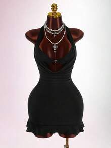 Amplova 女式性感露背系带紧身迷你连衣裙，带荷叶边下摆装饰 - 黑色 - 查看 7