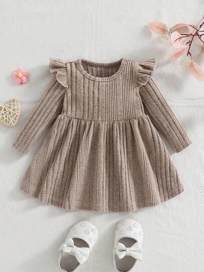 新生女婴休闲简约可爱针织弹力纯色长袖连衣裙