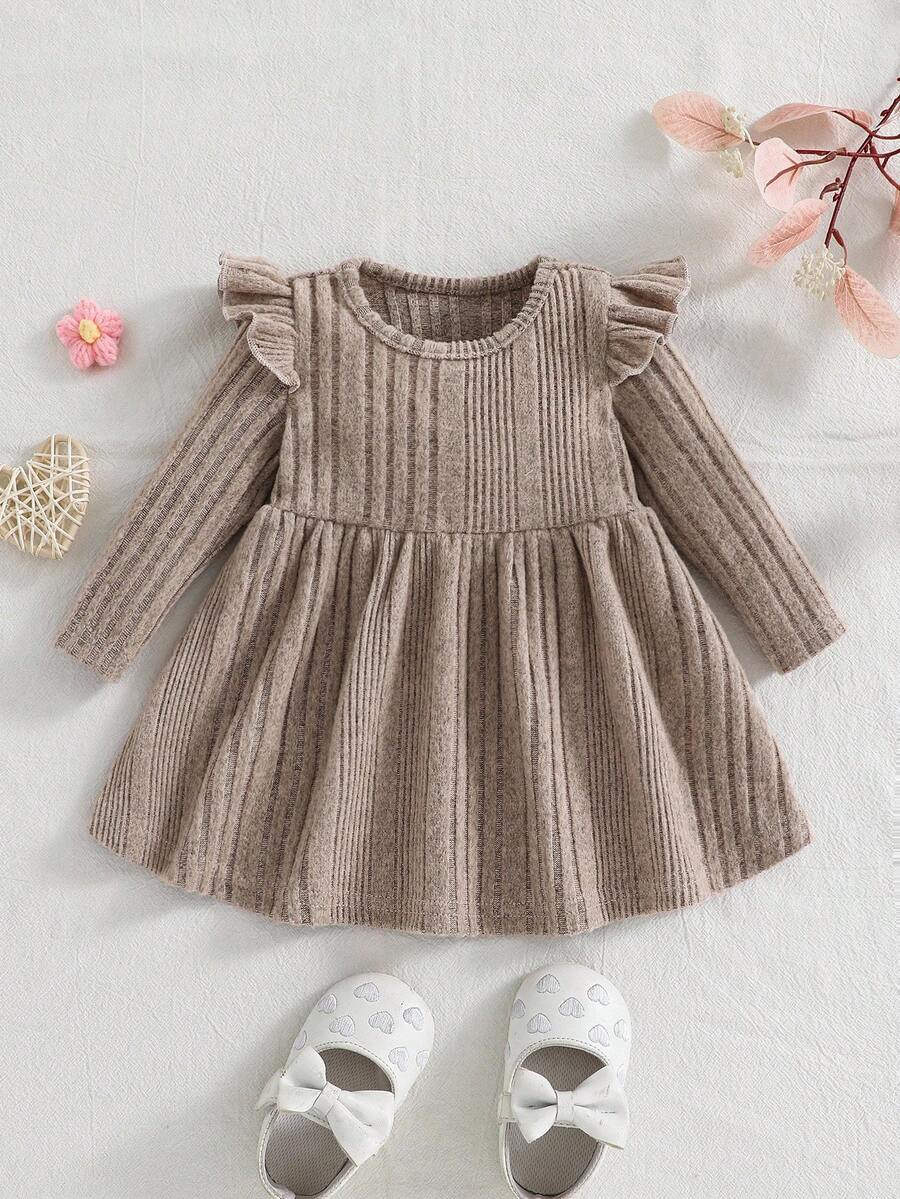 Vestido de manga larga de punto elástico de unicolor minimalista y lindo para bebé recién nacida - Albaricoque - Ver 1