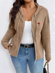 SHEIN Plus Size Women Zipper Hooded Embroidered Lucky Heart Elegant Cardigan Sweater Fall Winter Cloth For Women Autumn