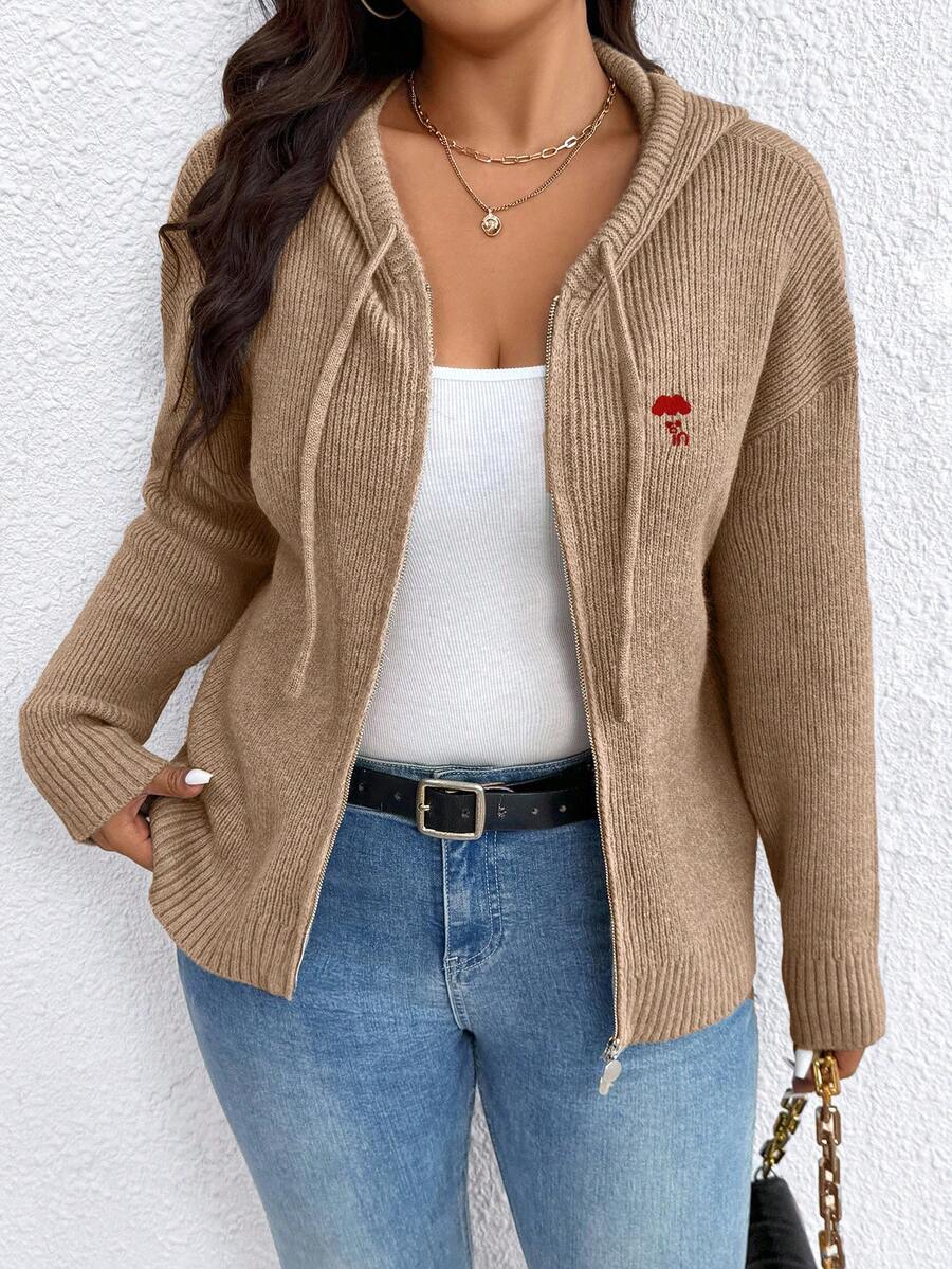 SHEIN Plus Size Women Zipper Hooded Embroidered Lucky Heart Elegant Cardigan Sweater Fall Winter Cloth For Women Autumn