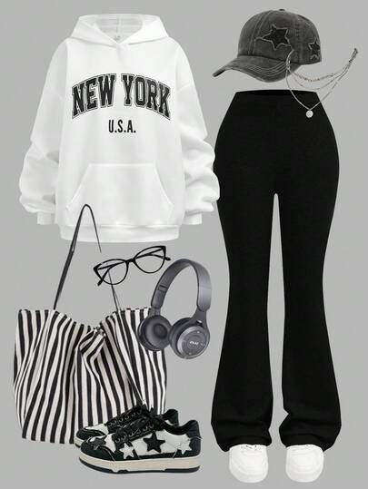 Girlism 少女两件套 碎花灰蓝 休闲百搭 宽松长袖卫衣喇叭裤 返校季 干净女孩 运动服