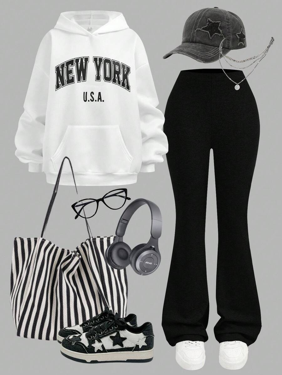 Girlism 少女两件套 碎花灰蓝 休闲百搭 宽松长袖卫衣喇叭裤 返校季 干净女孩 运动服 - 黑與白 - 查看 1