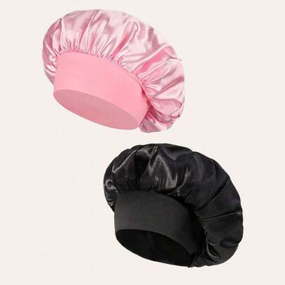 SHEIN 1/2pcs Silk Bonnet For Sleeping, Satin Hair Bonnets, Soft Elastic Band Silk Sleep Cap, Silk Hair Wrap For Curly Hair, Hair Bonnets For Women Sleeping,Silk Hair Wrap,Elastic Wide Band Silk Sleep Cap,Soft And Breathable, Ideal For Overnight Curls Preservation, All-Season Shower Caps, Comfortable For Chemotherapy Patients (Black/Powder)