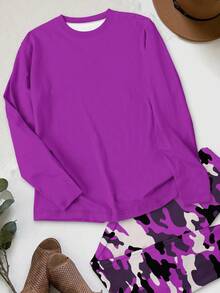 Maweii 2 件套纯色迷彩圆领长袖打底裤，加大码 - 彩色 - 查看 4