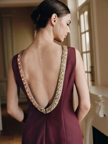 Anewsta Women's French A-Line Waist Embellished Backless Fitted Mini Dress - Burgundy - View 7