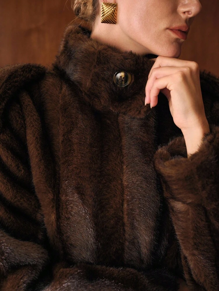 BELTED FLANNELETTE FAUX FUR COAT