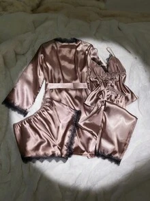 SilkySpell 4件套女士性感蕾丝吊带睡衣套装，蕾丝边短裤，长裤，优雅缎面腰带睡袍，四季皆宜的缎面睡衣套装，缎面睡袍套装，缎面内衣套装，睡衣套装，秋冬服装 - 棕色 - 查看 2