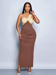 SOLERSUN 四季女装婚礼聚会派对优雅黑杏色拼接不对称单肩无袖聚拢侧开衩针织超长连衣裙 - 棕色 - 查看 7