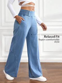 Flexra 女式宽松高腰阔腿休闲牛仔裤 - 藍色 - 查看 5