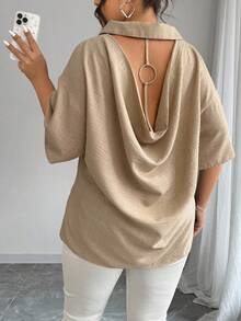 Elenzga Plus Size Women Solid Color Drop Shoulder Loose Fit Shirt With Back Slit Neckline Design - Khaki - View 4