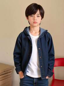 4-7 岁男童单件牛仔连帽夹克，适合上学和周末外出等各种场合，品质优良，时尚 - 藍色 - 查看 7