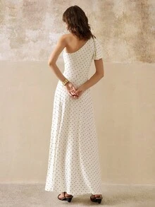 INAWLY Váy chấm bi dài vừa phải cho nữ, vai lệch, ôm sát, gợi cảm và thanh lịch - Màu be - Xem 2
