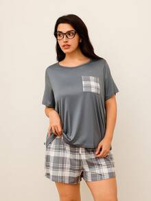 Set de 2 piezas de camiseta de unicolor con bolsillo a cuadros y pantalones de pijama a cuadros - Multicolor - Ver 6