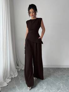 Rafferiza 2件套女士纯色纹理褶皱圆领无袖上衣 - 棕色 - 查看 5