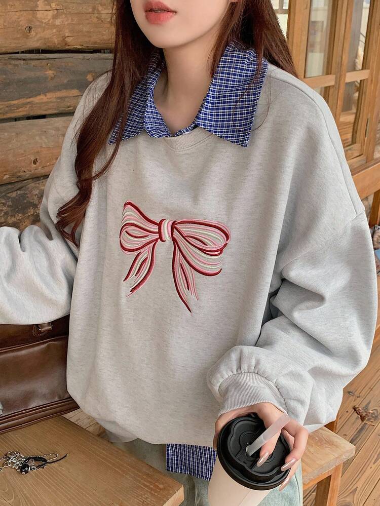Fashionable Loose Fit Bow Embroidery Pattern Turndown Collar 2 In 1 Sweatshirt Fall/Winter