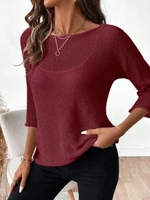 EMERY ROSE Women's Casual Solid Color 3/4 Sleeve Pullover Sweater - Burgundy - View 4