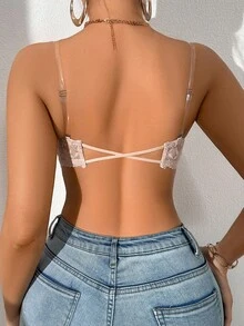 SHEIN 1/2 Cup Floral Lace Backless Bralette, Light Pink - Baby Pink - View 2