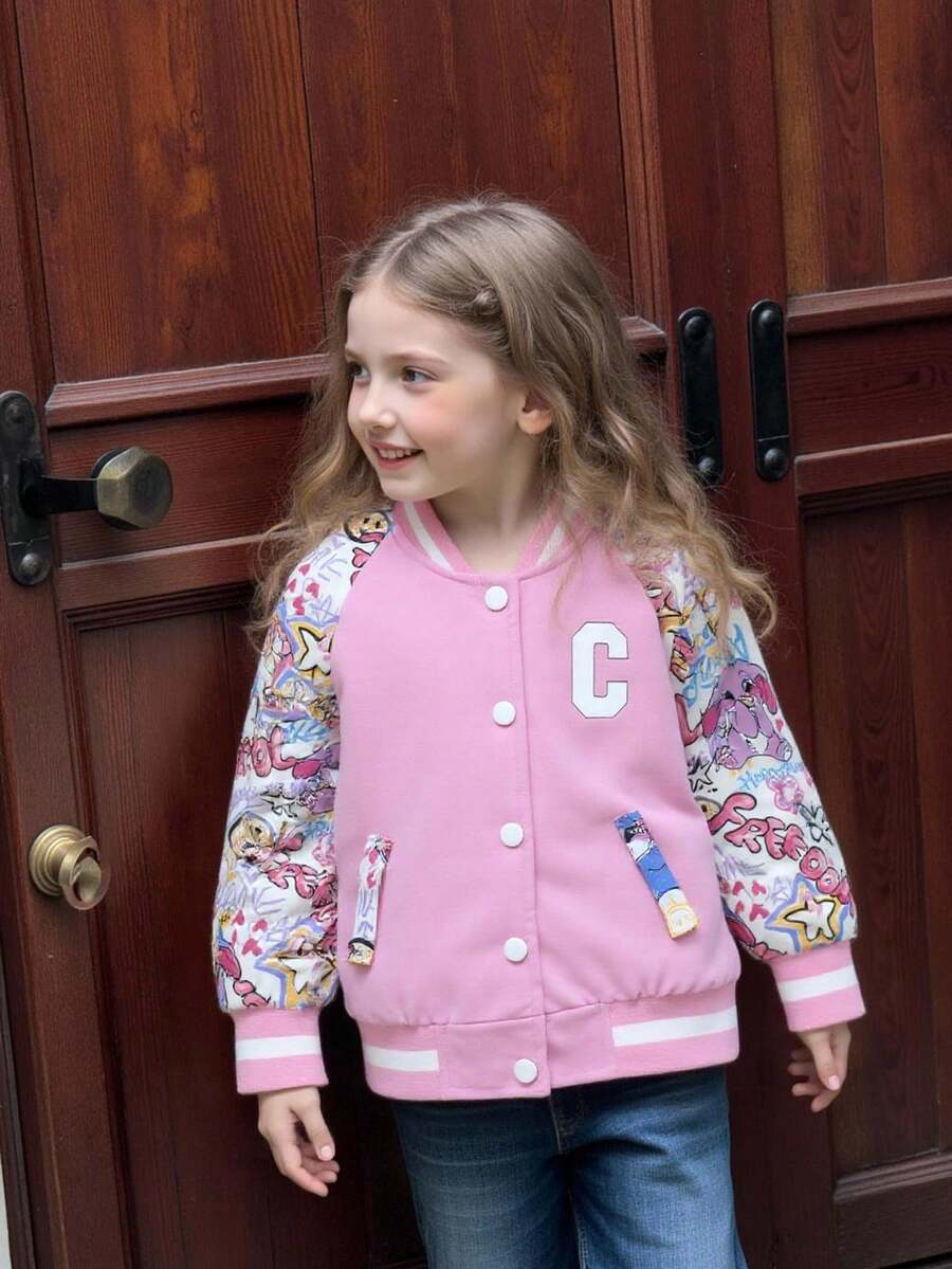 SHEIN Chaqueta casual de una hilera de botones con estampado de letras, de manga larga, de costilla, para niñas en otoño/invierno - Rosa - Ver 1