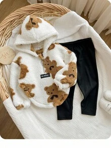 SHEIN 2pcs Baby Girl Cute Cartoon Teddy Bear Fluffy Sweatshirt And Pants Set, Autumn/Winter Fall - Multicolor - View 4