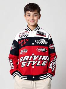 SHEIN 青少年男童休闲酷炫字母数字印花拉链厚针织夹克 - 紅色 - 查看 4