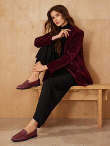 MOTF 女士 PU 皮革乐福鞋，复古英伦风格，时尚优雅，舒适一脚蹬平底鞋 - 酒紅色 - 查看 9