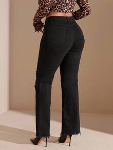 SHEIN BAE EZwear 加大码黑色喇叭破洞弹力牛仔裤 街头服饰 - 黑色 - 查看 2