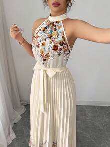 Elenzga 女式夏季优雅花卉宽松露背连衣裙 - 杏色 - 查看 3