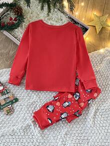 2pcs Baby Girls' Christmas Penguin & Star Heart Print Cozy Casual Crew Neck Long Sleeve Top And Leggings Pajama Set, Autumn/Winter - Red - View 2