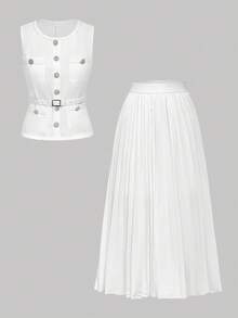 SHEIN MOD Set elegant pentru femei, vestă cu nasturi și strasuri, culoare solidă, și fustă mini plisată, toamnă/iarnă - alb - Vizualizare 3