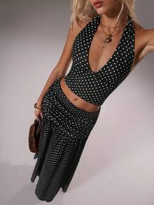 TRNVIE 1pc Women's Sexy Halter Neck Backless Camisole Top And 1pc High Waist Chiffon Maxi Skirt 2-Piece Set, Elegant For Daily, Commute, Party - Black - View 1