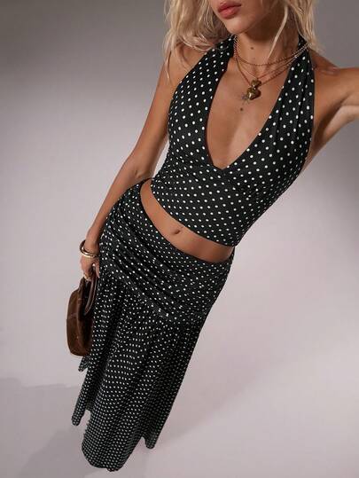 TRNVIE 1 件女式性感露背吊带背心和 1 件高腰雪纺长裙 2 件套，优雅适合日常、通勤、派对