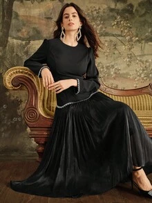 Anewsta Women's Long Dress With Rhinestone Chain And Hem Patchwork Design, Elegant And Fashionable - Black - View 6